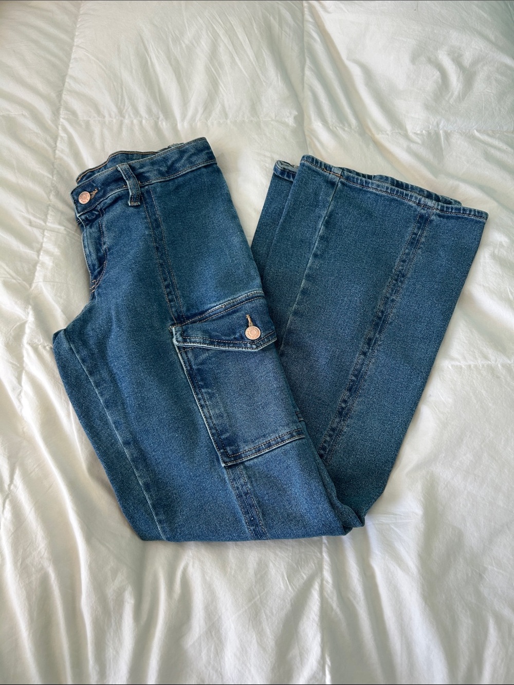 wild fable Dark Blue Wide-Leg Flare Jeans with Cargo Pocket